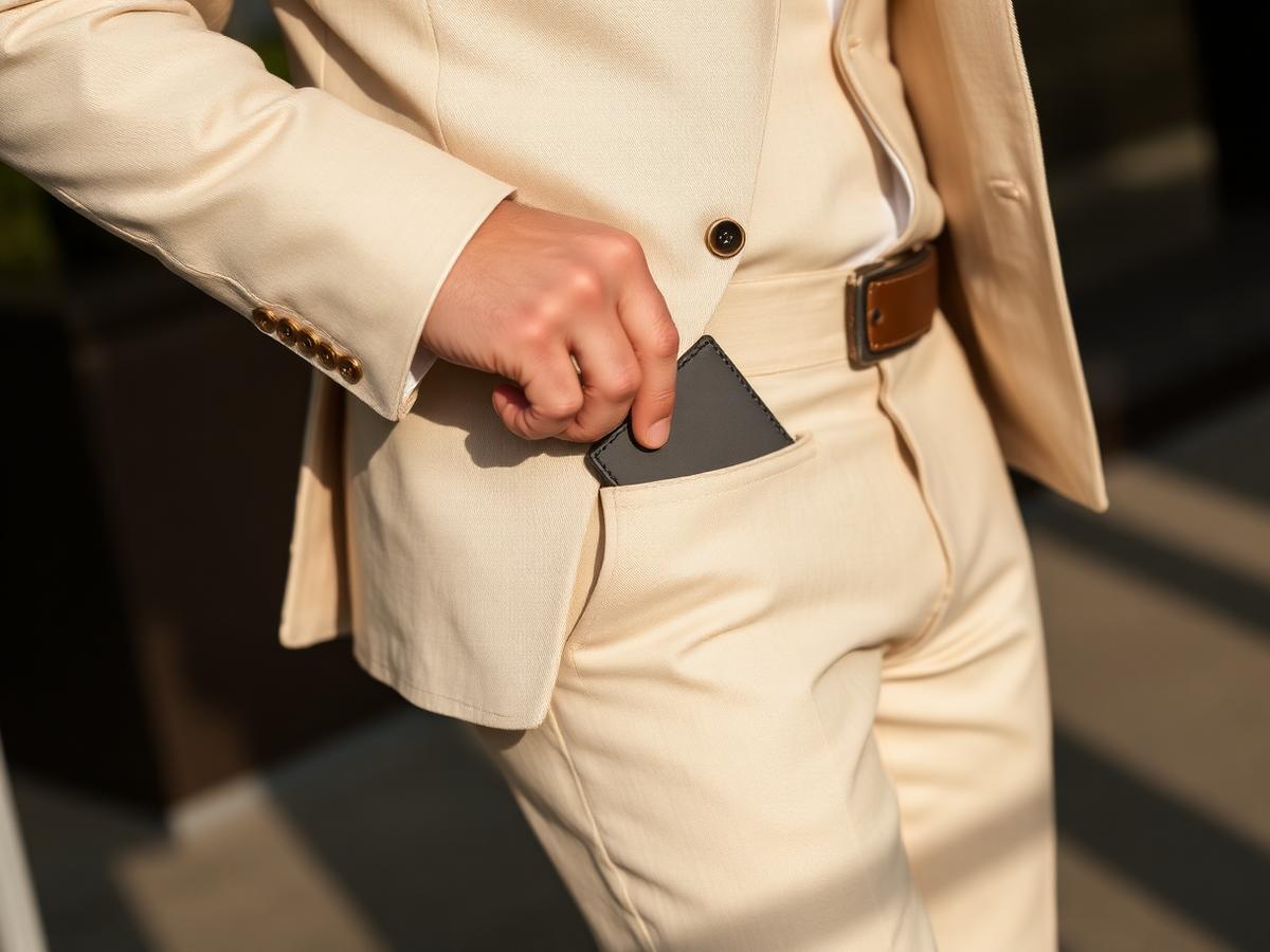 Homme rangeant le portefeuille Core-Gadget dans la poche avant